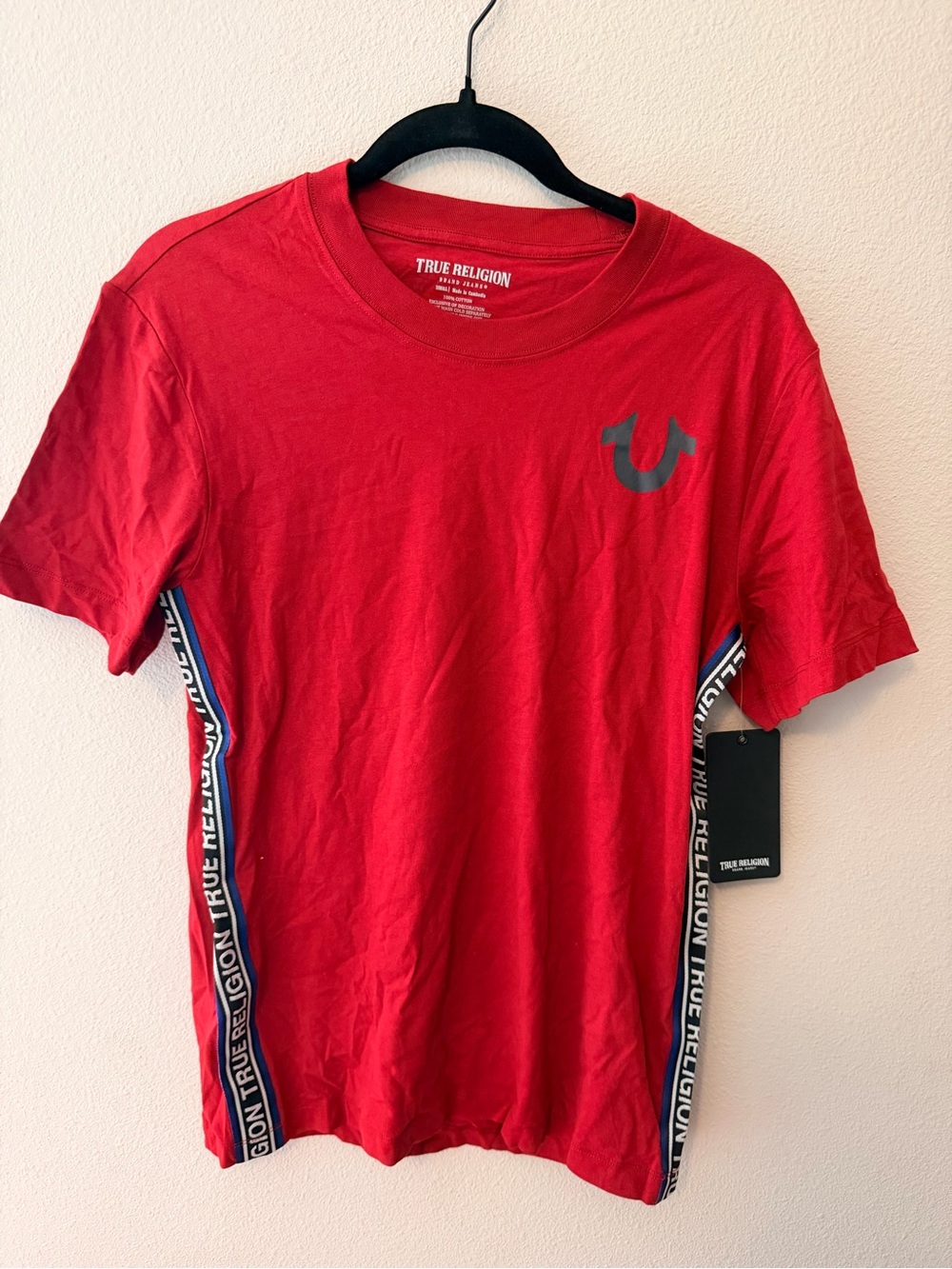 True Religion Red Short Sleeve Crew with Branded Side Tape